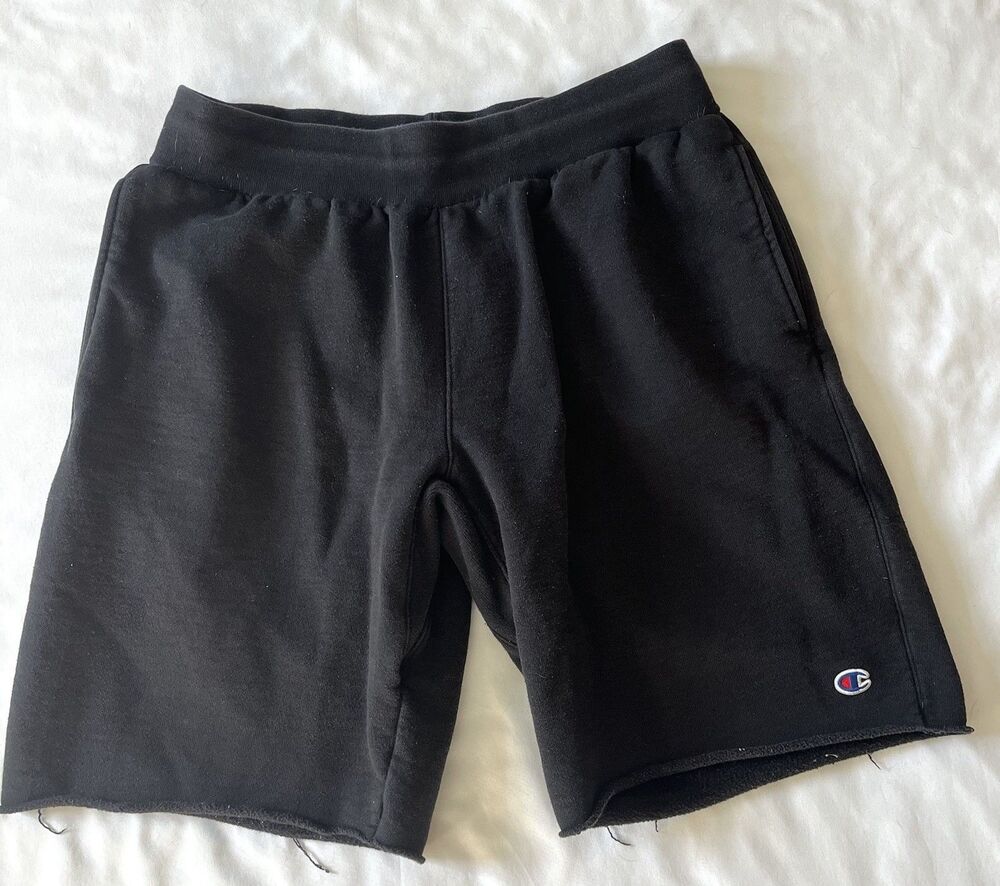 Champion Reverse Weave Black Sweat Shorts Mens L Large Raw Hem 89597-003 Workout